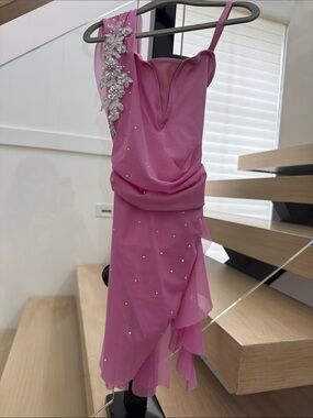 Weissman Pink One-Shoulder Dress with Rhinestone Details